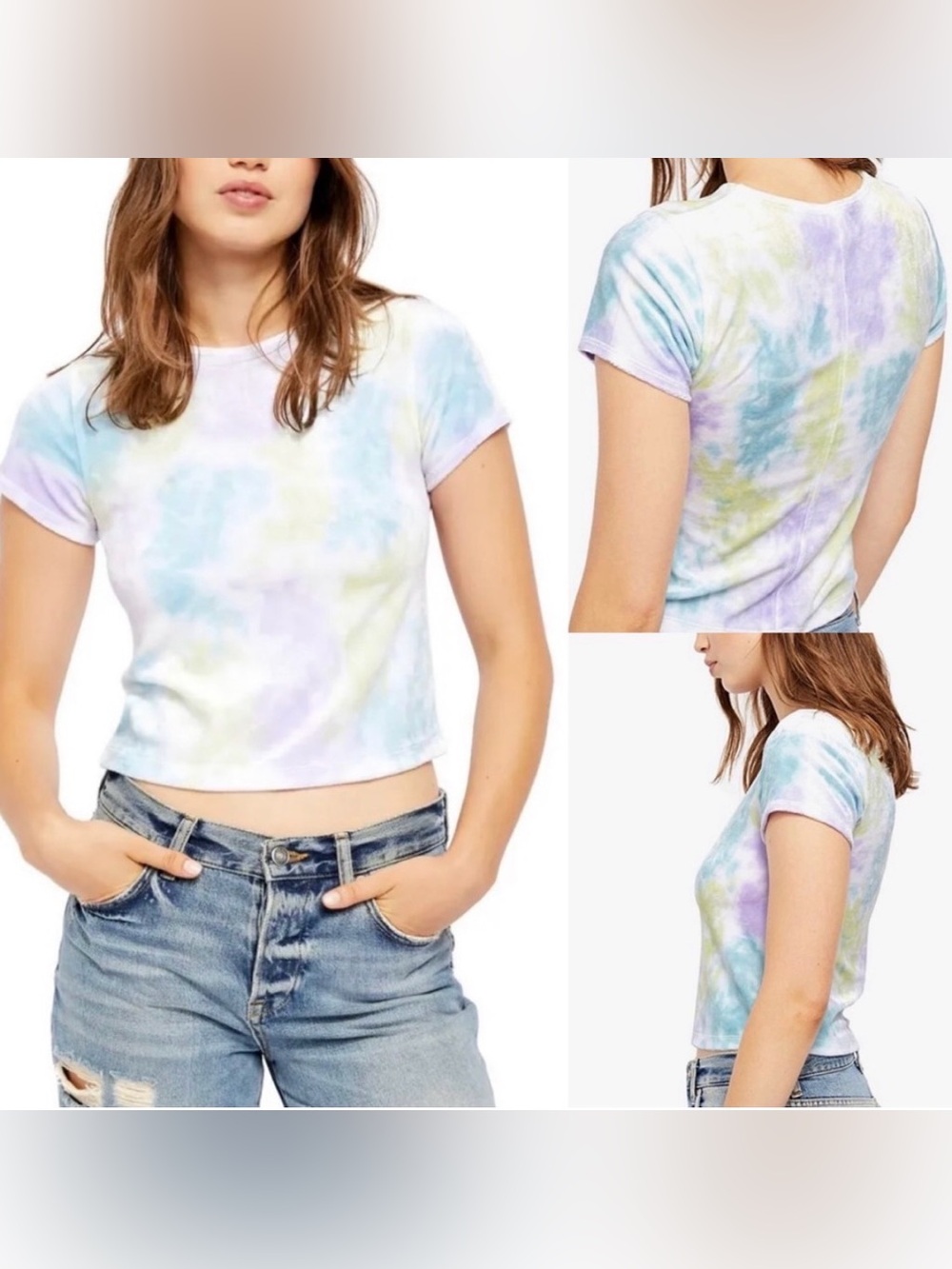 FREE PEOPLE Bright Eyes tie dye Velvet Tee in Cloud Combo tee ashier Top size S